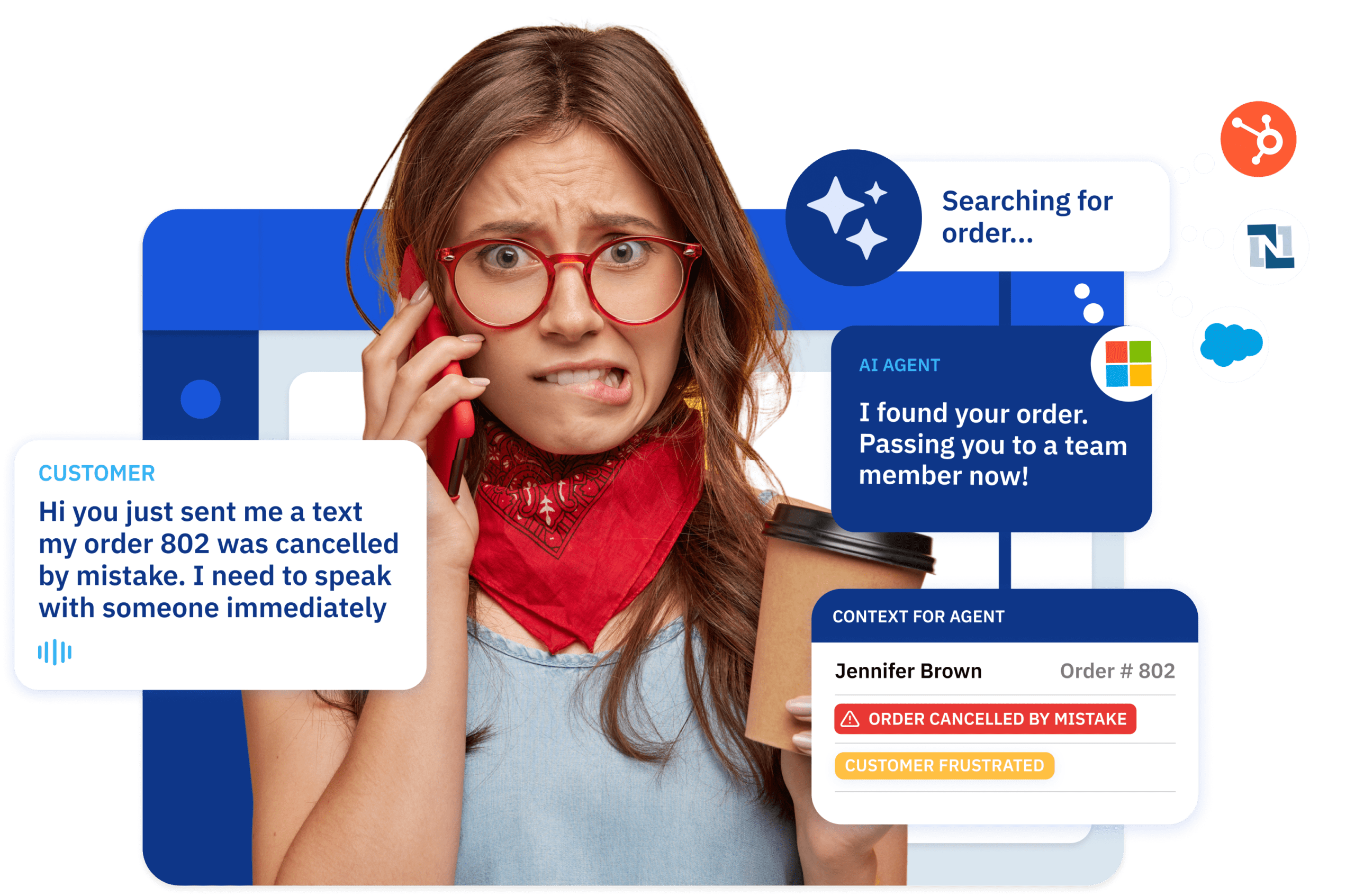 Illustration of a customer on a phone call. A Contivio AI agent searches for order 802, tells the customer it found the order and is passing them to a team member, and a context card for the agent shows Jennifer Brown, order 802, order cancelled by mistake and customer frustrated. HubSpot, NetSuite, Microsoft and Salesforce logos appear beside the conversation.